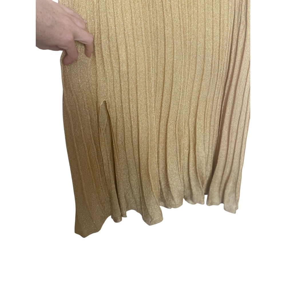 Sandro Paris Gold Metallic Pleated Midi Skirt Side Slit Knit Size 2 - Picture 6 of 9